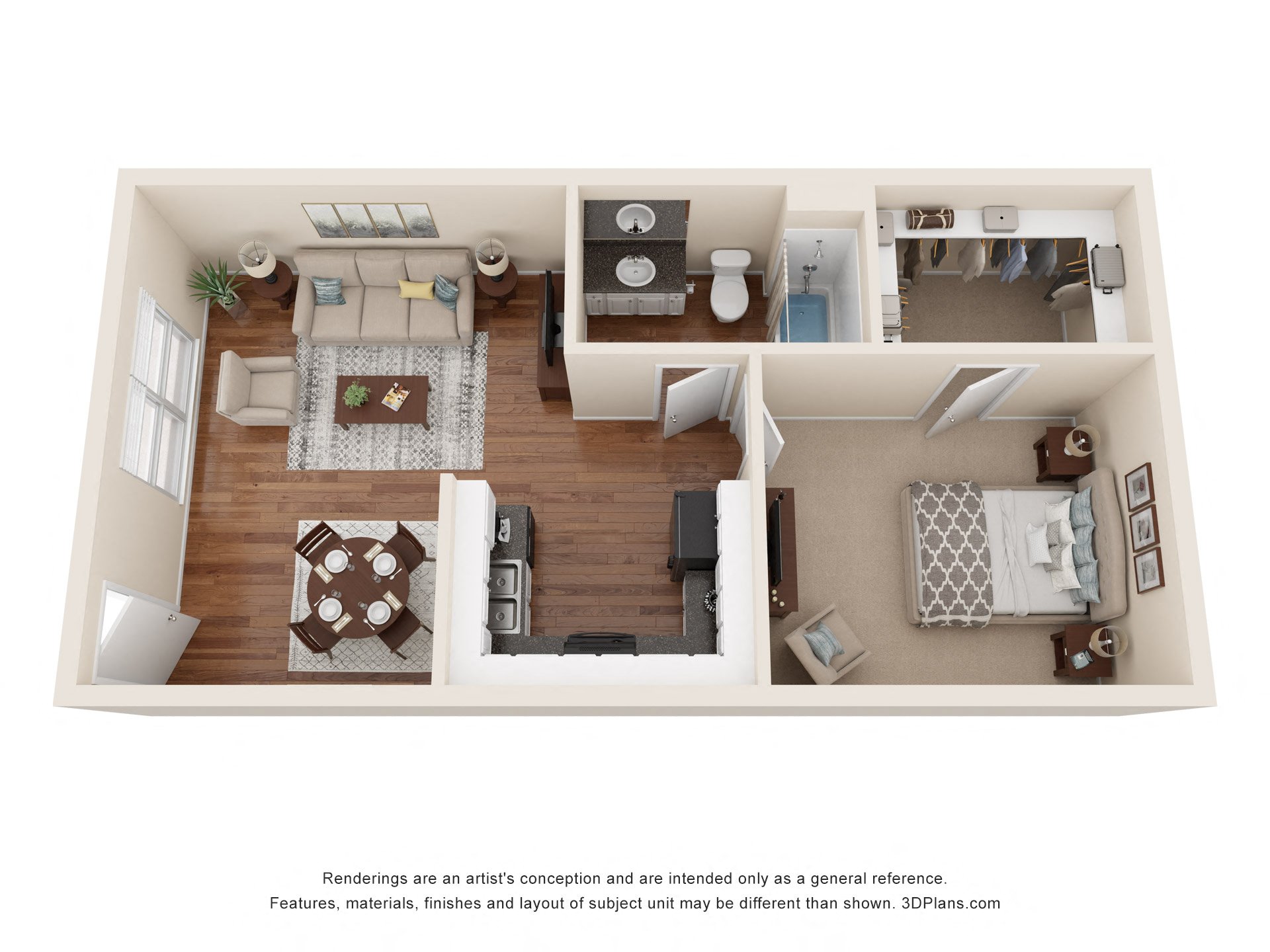 Floor plan for 1 bed, 1 bath, 575 sqft
